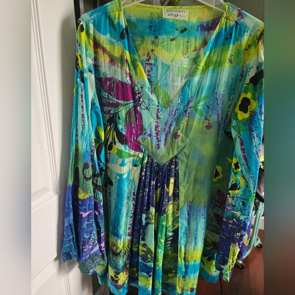 Colorful V-Neck Long Sleeve Tunic Or Coverup